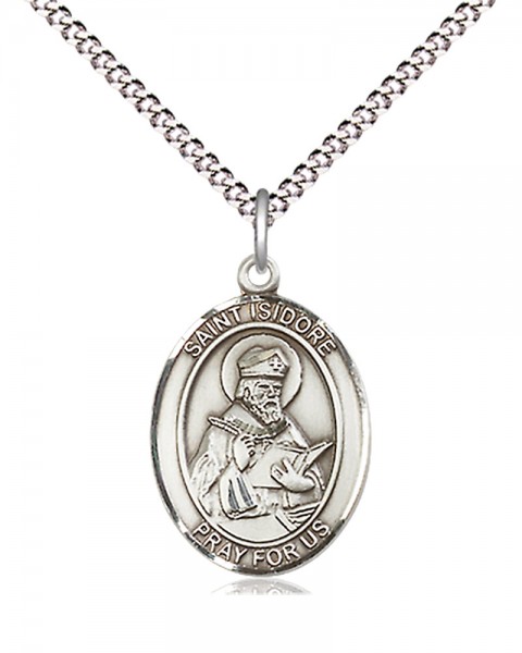Women's Pewter Oval St. Isidore of Seville Medal - 18" Rhodium Plated Medium Chain + Clasp