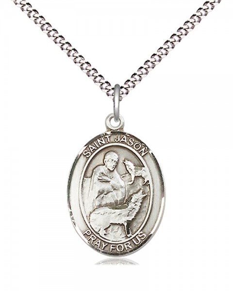 Women's Pewter Oval St. Jason Medal - 18" Rhodium Plated Heavy Chain + Clasp