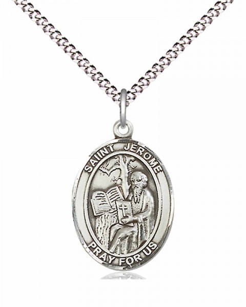 Women's Pewter Oval St. Jerome Medal - 18" Rhodium Plated Heavy Chain + Clasp