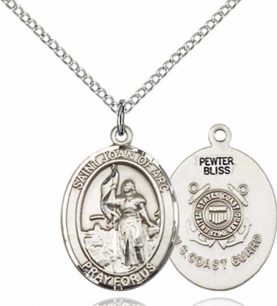 Women's Pewter Oval St. Joan of Arc  Coast Guard Medal - 18" Rhodium Plated Medium Chain + Clasp