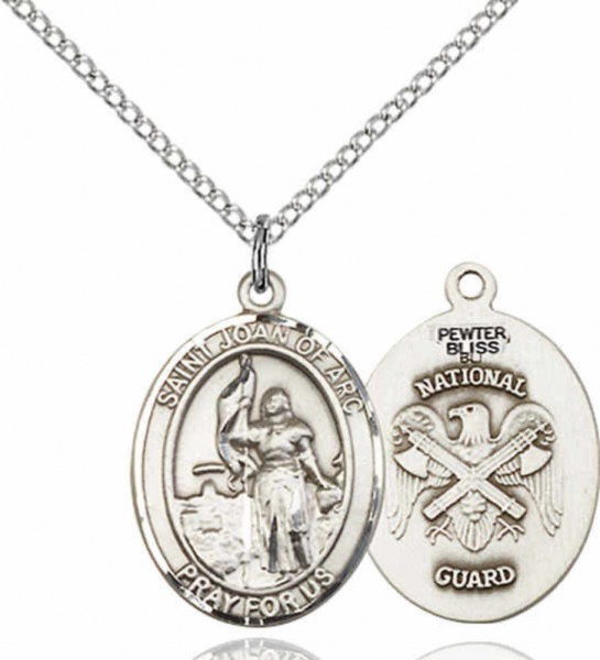 Women's Pewter Oval St. Joan of Arc National Guard Medal - 18" Rhodium Plated Medium Chain + Clasp