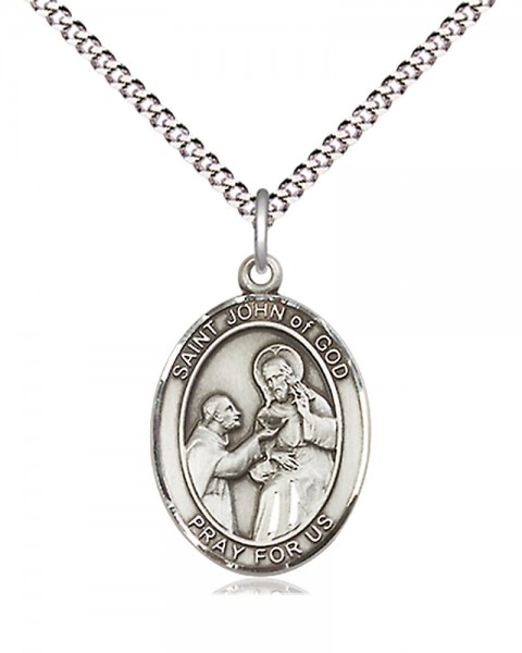 Women's Pewter Oval St. John of God Medal - 18" Rhodium Plated Heavy Chain + Clasp