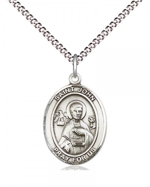 Women's Pewter Oval St. John the Apostle Medal - 18" Rhodium Plated Heavy Chain + Clasp