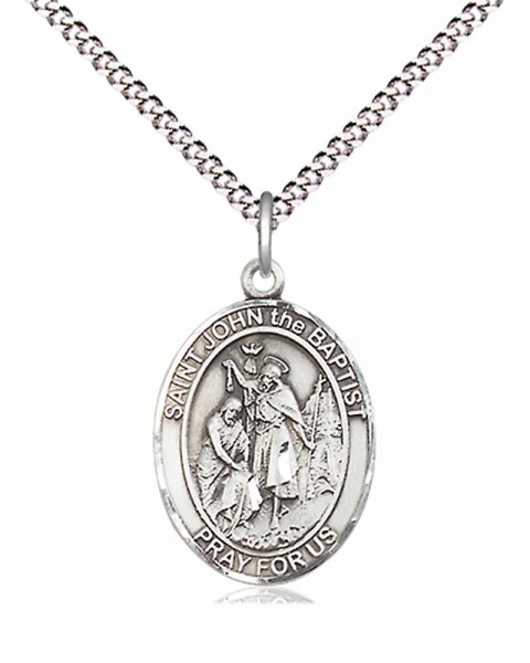 Women's Pewter Oval St. John the Baptist Medal - 18" Rhodium Plated Heavy Chain + Clasp
