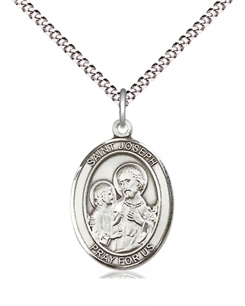 Women's Pewter Oval St. Joseph Medal - 18" Rhodium Plated Heavy Chain + Clasp