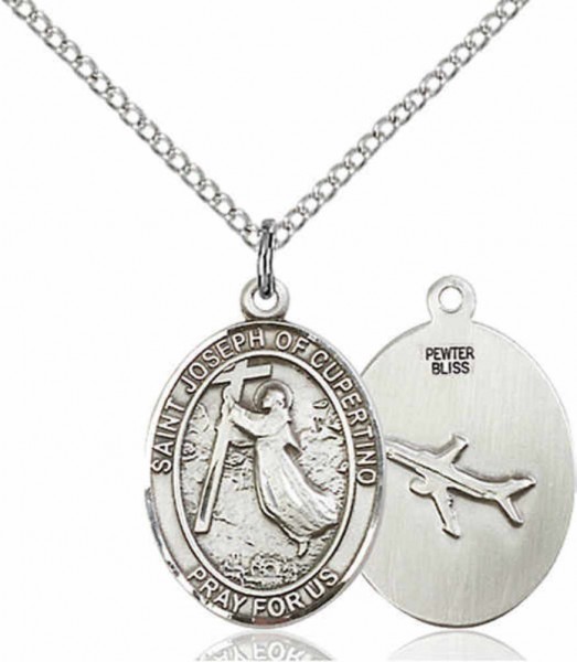 Women's Pewter Oval St. Joseph of Cupertino Medal - 18" Rhodium Plated Medium Chain + Clasp