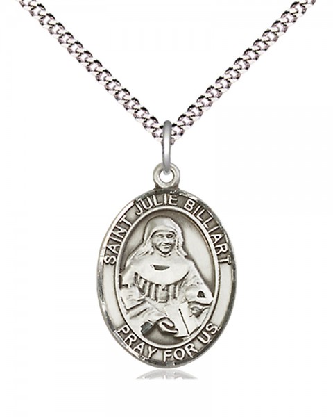 Women's Pewter Oval St. Julie Billiart Medal - 18" Rhodium Plated Heavy Chain + Clasp
