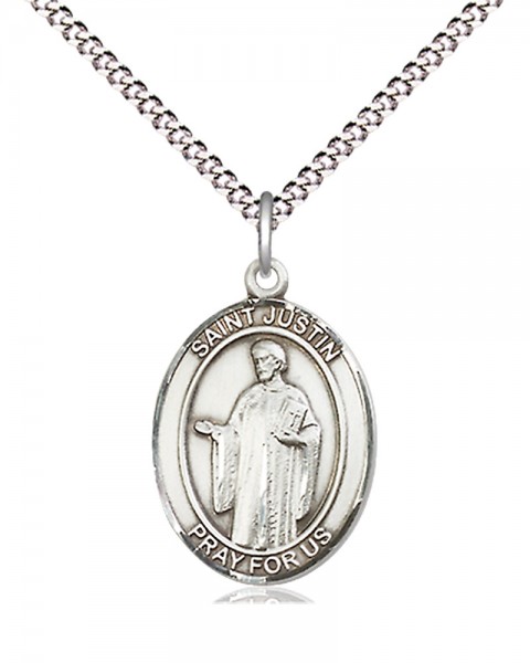 Women's Pewter Oval St. Justin Medal - 18" Rhodium Plated Heavy Chain + Clasp