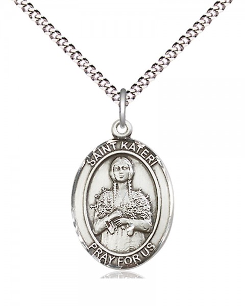 Women's Pewter Oval St. Kateri Medal - 18" Rhodium Plated Medium Chain + Clasp