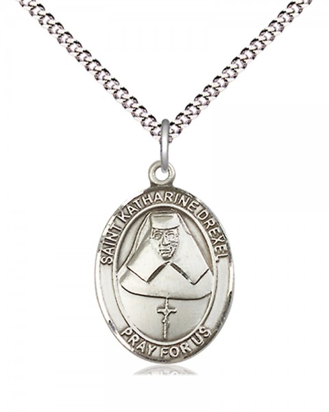 Women's Pewter Oval St. Katharine Drexel Medal - 18" Rhodium Plated Heavy Chain + Clasp