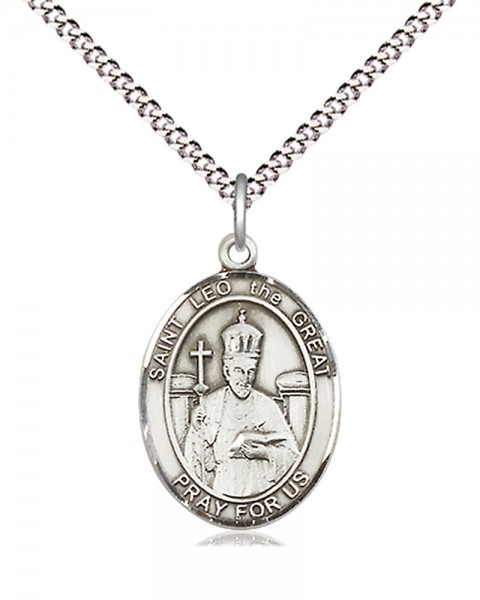 Women's Pewter Oval St. Leo the Great Medal - 18" Rhodium Plated Medium Chain + Clasp