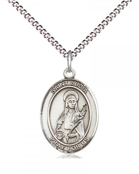 Women's Pewter Oval St. Lucia of Syracuse Medal - 18" Rhodium Plated Heavy Chain + Clasp