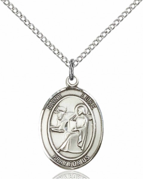 Women's Pewter Oval St. Luke the Apostle Medal - 18" Rhodium Plated Heavy Chain + Clasp