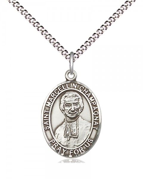 Women's Pewter Oval St. Marcellin Champagnat Medal - 18" Rhodium Plated Heavy Chain + Clasp