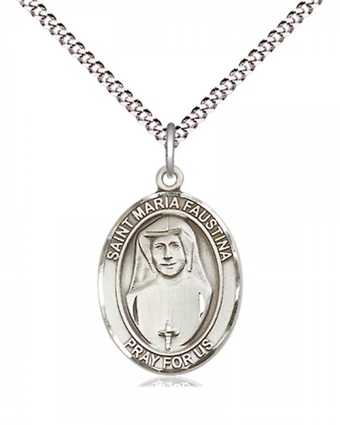 Women's Pewter Oval St. Maria Faustina Medal - 18" Rhodium Plated Heavy Chain + Clasp