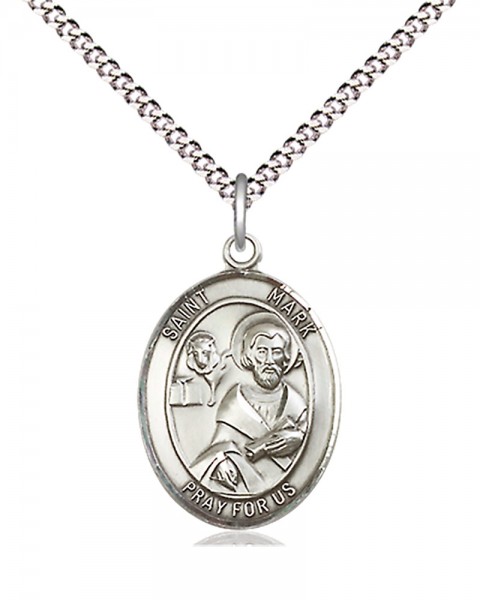 Women's Pewter Oval St. Mark the Evangelist Medal - 18" Rhodium Plated Heavy Chain + Clasp