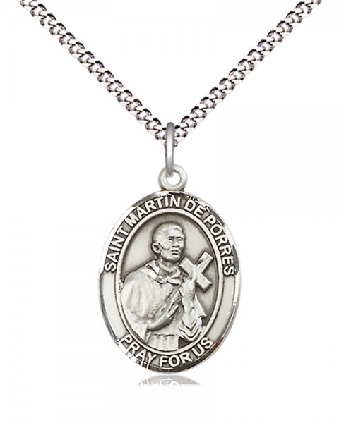 Women's Pewter Oval St. Martin De Porres Medal - 18" Rhodium Plated Medium Chain + Clasp