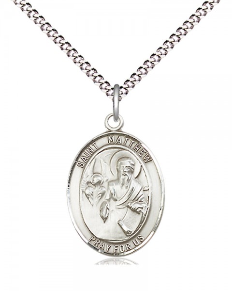 Women's Pewter Oval St. Matthew the Apostle Medal - 18" Rhodium Plated Medium Chain + Clasp
