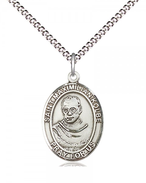 Women's Pewter Oval St. Maximilian Kolbe Medal - 18" Rhodium Plated Heavy Chain + Clasp