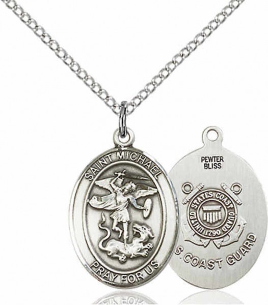 Women's Pewter Oval St. Michael Coast Guard Medal - 18" Rhodium Plated Medium Chain + Clasp
