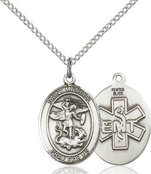 Women's Pewter Oval St. Michael EMT Medal - 18" Rhodium Plated Heavy Chain + Clasp