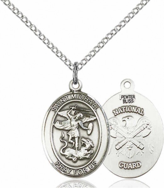 Women's Pewter Oval St. Michael National Guard Medal - 18" Rhodium Plated Medium Chain + Clasp