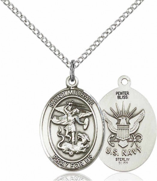 Women's Pewter Oval St. Michael Navy Medal - 18" Rhodium Plated Heavy Chain + Clasp
