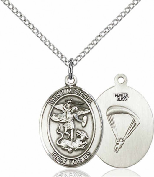 Women's Pewter Oval St. Michael Paratrooper Medal - 18" Rhodium Plated Heavy Chain + Clasp