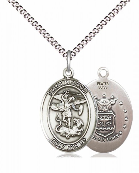 Women's Pewter Oval St. Michael the Archangel Medal - 18" Rhodium Plated Heavy Chain + Clasp