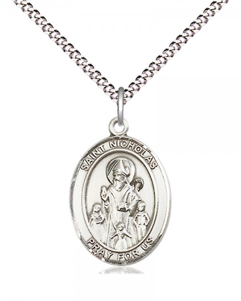 Women's Pewter Oval St. Nicholas Medal - 18" Rhodium Plated Heavy Chain + Clasp