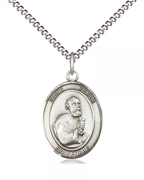 Women's Pewter Oval St. Peter the Apostle Medal - 18" Rhodium Plated Medium Chain + Clasp