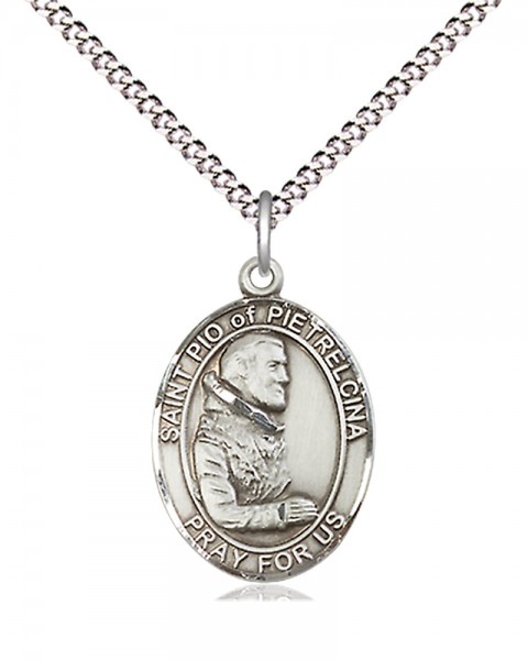Women's Pewter Oval St. Pio of Pietrelcina Medal - 18" Rhodium Plated Medium Chain + Clasp