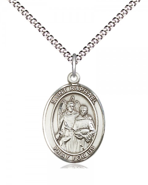 Women's Pewter Oval St. Raphael the Archangel Medal - 18" Rhodium Plated Medium Chain + Clasp