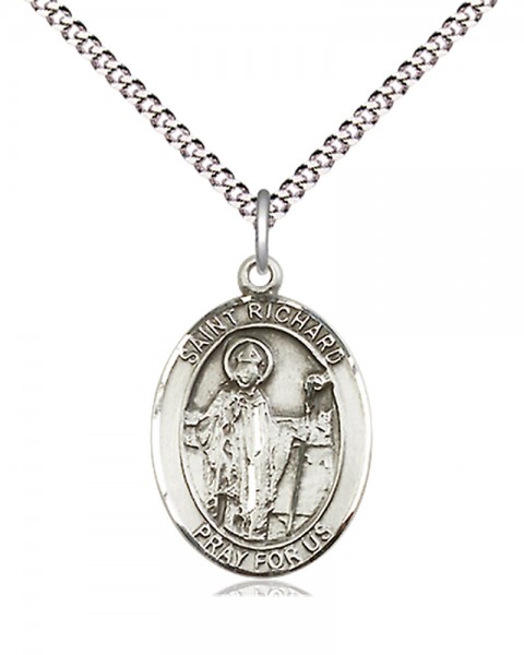Women's Pewter Oval St. Richard Medal - 18" Rhodium Plated Medium Chain + Clasp