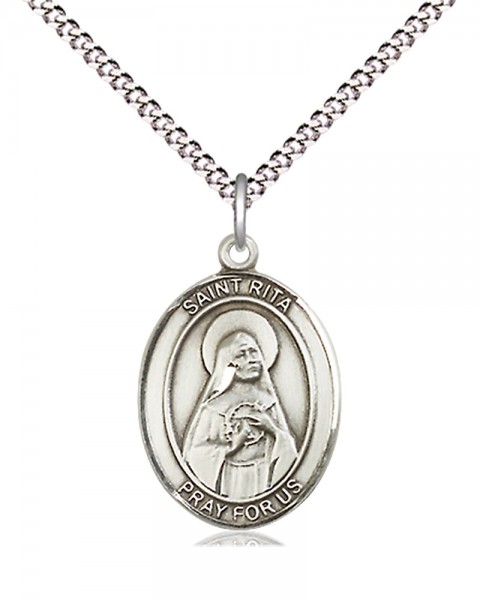 Women's Pewter Oval St. Rita of Cascia Medal - 18" Rhodium Plated Medium Chain + Clasp