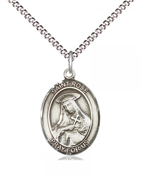 Women's Pewter Oval St. Rose of Lima Medal - 18" Rhodium Plated Medium Chain + Clasp