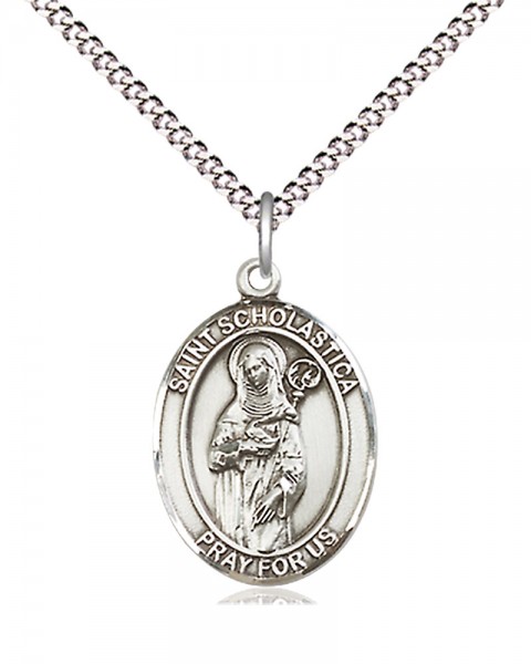 Women's Pewter Oval St. Scholastica Medal - 18" Rhodium Plated Medium Chain + Clasp