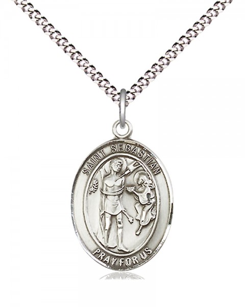 Women's Pewter Oval St. Sebastian Medal - 18" Rhodium Plated Heavy Chain + Clasp