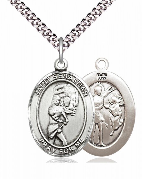 Women's Pewter Oval St. Sebastian Softball Medal - 24" 2.4mm Rhodium Plate Chain + Clasp