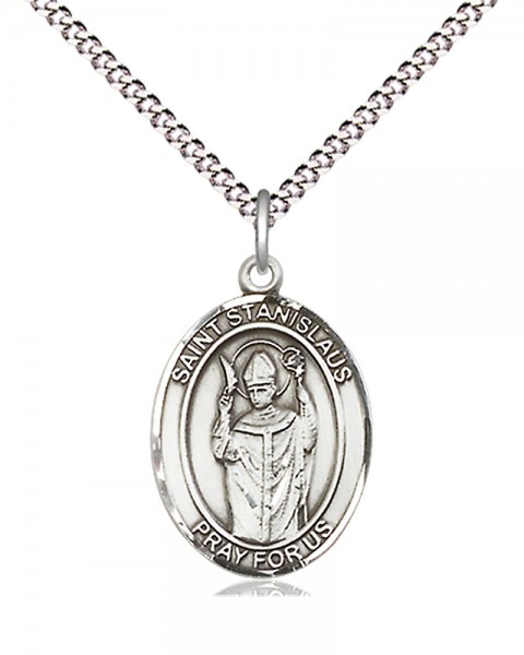 Women's Pewter Oval St. Stanislaus Medal - 18" Rhodium Plated Heavy Chain + Clasp
