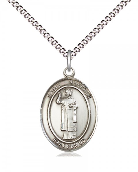 Women's Pewter Oval St. Stephen the Martyr Medal - 18" Rhodium Plated Medium Chain + Clasp