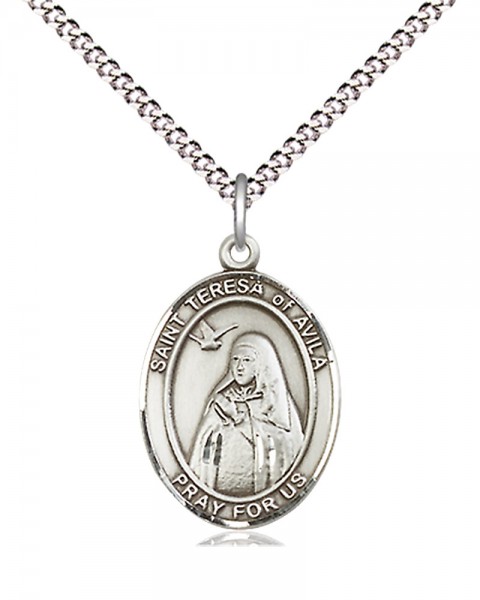 Women's Pewter Oval St. Teresa of Avila Medal - 18" Rhodium Plated Medium Chain + Clasp