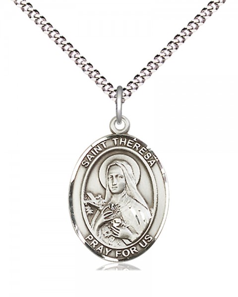 Women's Pewter Oval St. Theresa Medal - 18" Rhodium Plated Medium Chain + Clasp