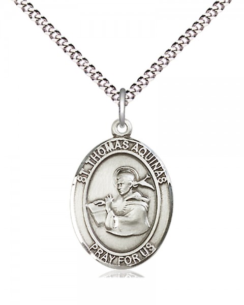 Women's Pewter Oval St. Thomas Aquinas Medal - 18" Rhodium Plated Heavy Chain + Clasp