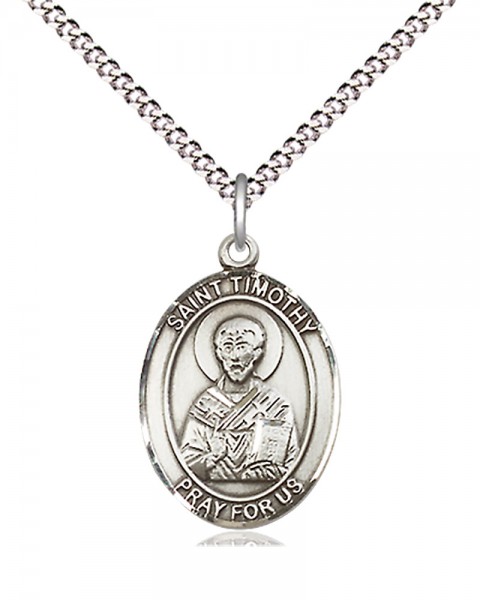 Women's Pewter Oval St. Timothy Medal - 18" Rhodium Plated Heavy Chain + Clasp