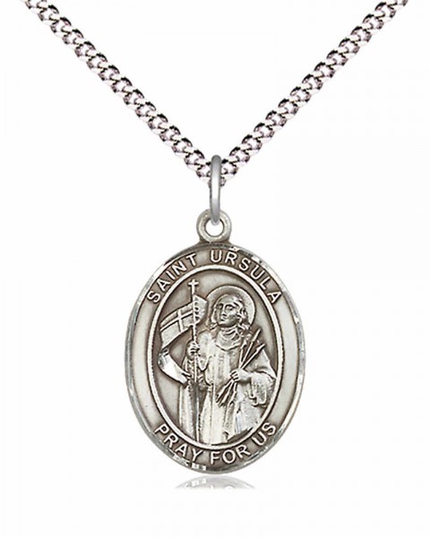 Women's Pewter Oval St. Ursula Medal - 18" Rhodium Plated Heavy Chain + Clasp