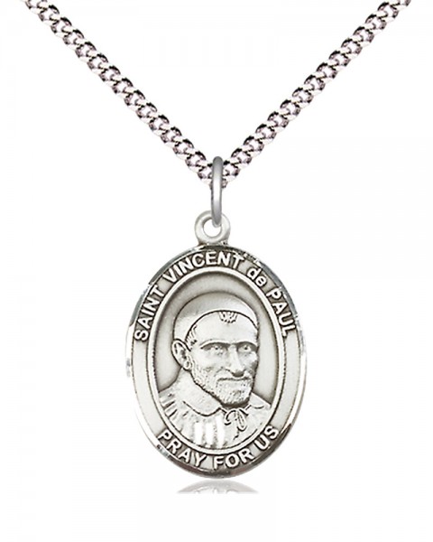 Women's Pewter Oval St. Vincent De Paul Medal - 18" Rhodium Plated Heavy Chain + Clasp