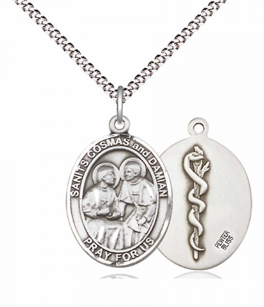 Women's Pewter Oval Sts. Cosmas and Damian Doctors Medal - 18" Rhodium Plated Medium Chain + Clasp