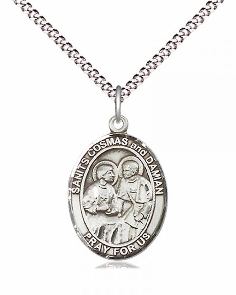Women's Pewter Oval Sts. Cosmas and Damian Medal - 18" Rhodium Plated Medium Chain + Clasp