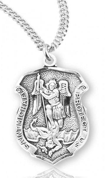 Women's Saint Michael Sterling Silver Police Shield Necklace - 18" 2.2mm Stainless Steel Chain + Clasp